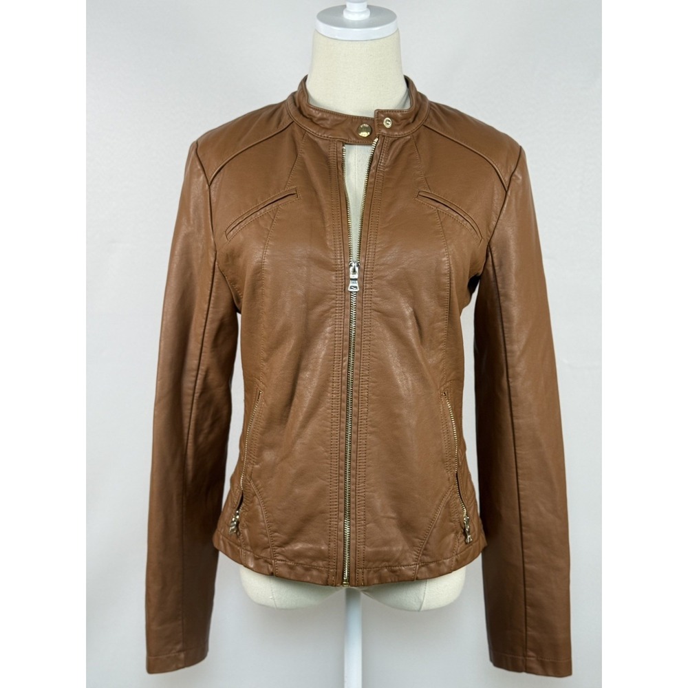 Guess Faux Leather Brown Racer Jacket Women Medium